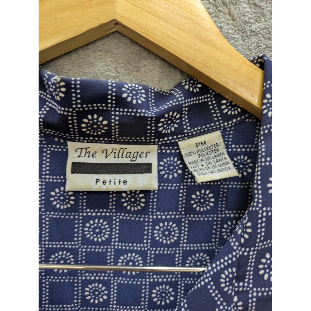 Vintage Aesthetic Button Up Blouse Womens PM Navy Blue Mixed Print Short Sleeve - Picture 5 of 7